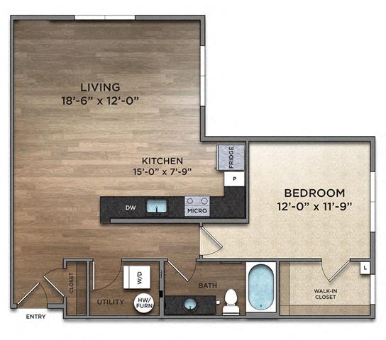 Floor plan for 1 bed, 1 bath, 875 sqft