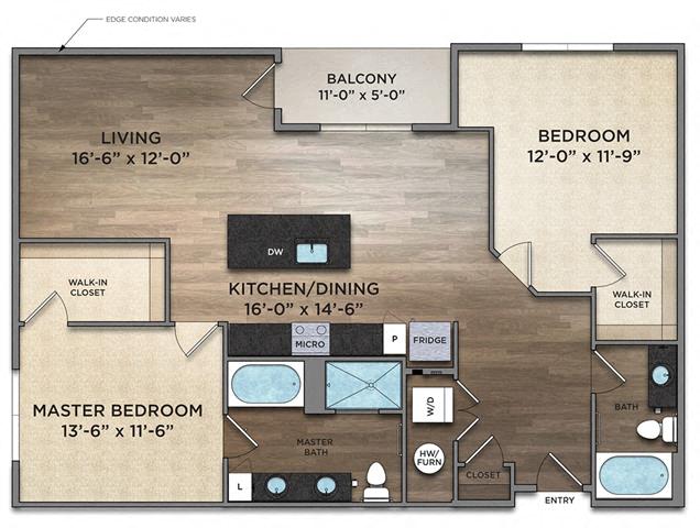 Floor plan for 2 beds, 2 baths, 1258 sqft