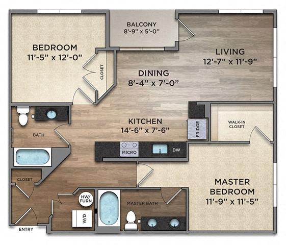 Floor plan for 2 beds, 2 baths, 1031 sqft