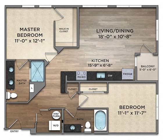 Floor plan for 2 beds, 2 baths, 1046 sqft