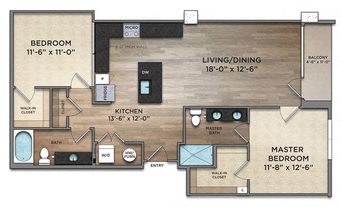 Floor plan for 2 beds, 2 baths, 1101 sqft