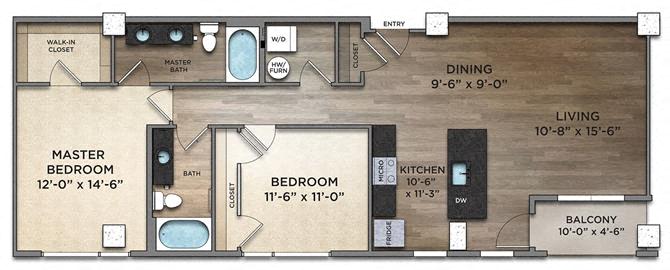 Floor plan for 2 beds, 2 baths, 1179 sqft