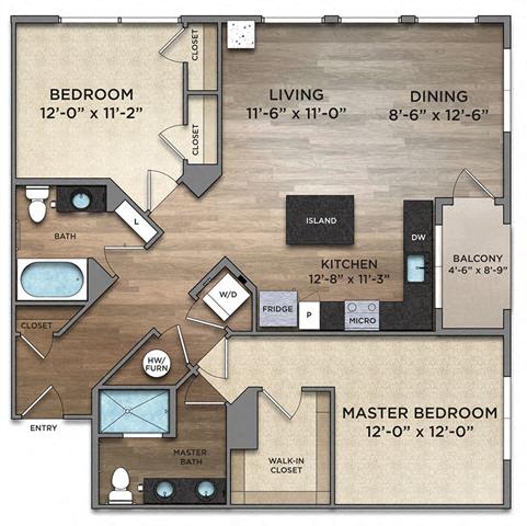 Floor plan for 2 beds, 2 baths, 1183 sqft