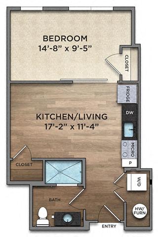 Floor plan for studio, 1 bath, 521 sqft