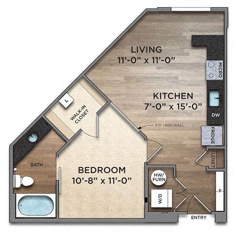 Floor plan for studio, 1 bath, 583 sqft