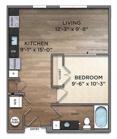 Floor plan for studio, 1 bath, 594 sqft