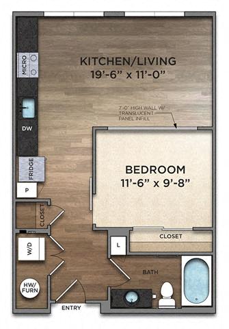 Floor plan for studio, 1 bath, 602 sqft