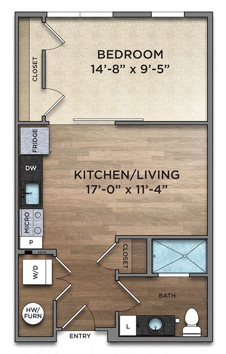 Floor plan for studio, 1 bath, 535 sqft