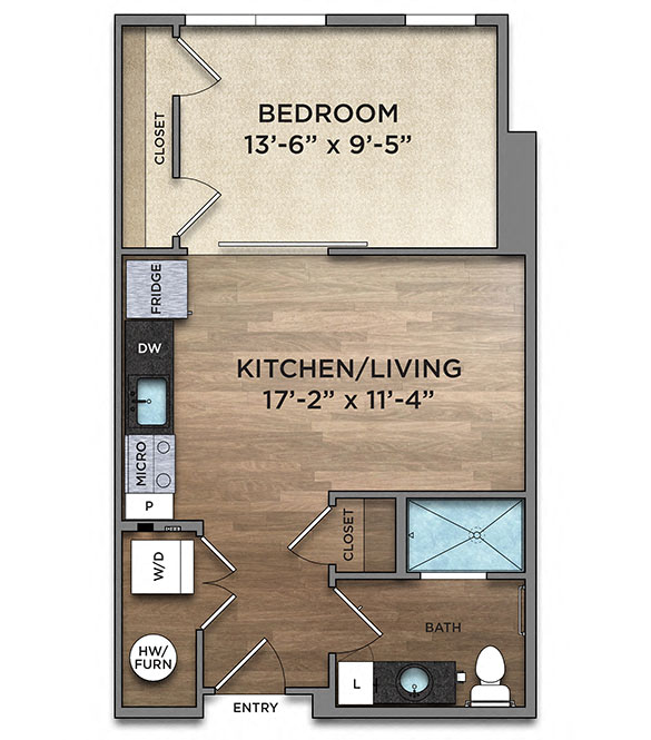 Floor plan for studio, 1 bath, 529 sqft