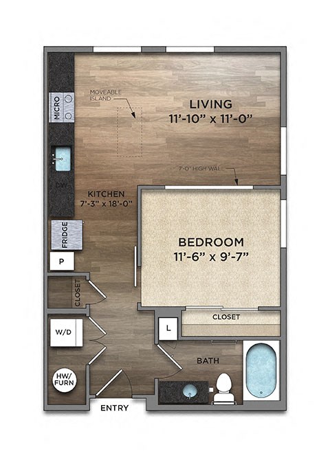 Floor plan for studio, 1 bath, 600 sqft