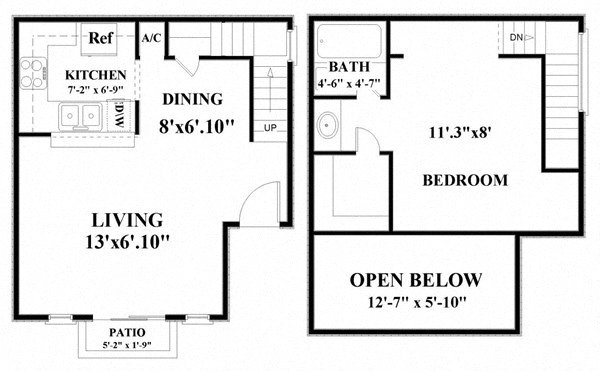 Floor plan for 1 bed, 1 bath, 698 sqft