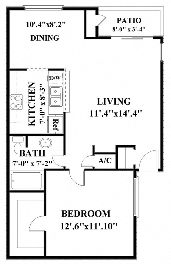 Floor plan for 1 bed, 1 bath, 703 sqft
