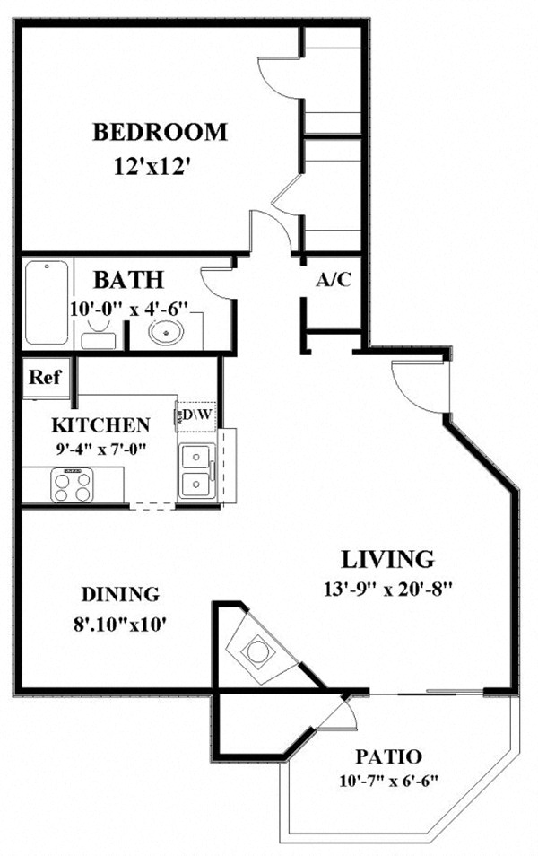 Floor plan for 1 bed, 1 bath, 805 sqft