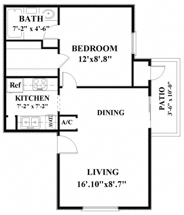Floor plan for 1 bed, 1 bath, 625 sqft