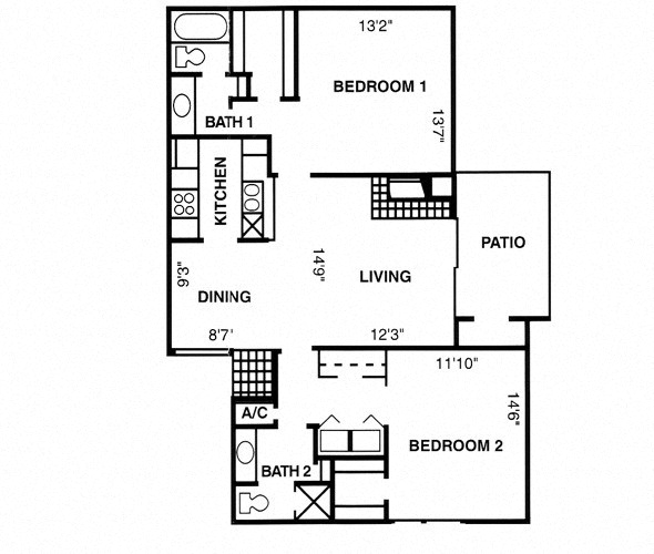 Floor plan for 2 beds, 2 baths, 1132 sqft