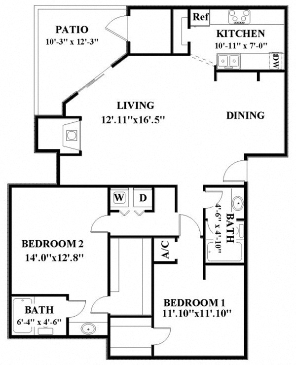 Floor plan for 2 beds, 2 baths, 1229 sqft