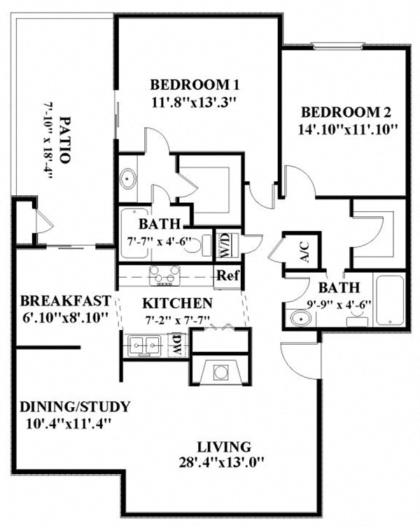 Floor plan for 2 beds, 2 baths, 1325 sqft