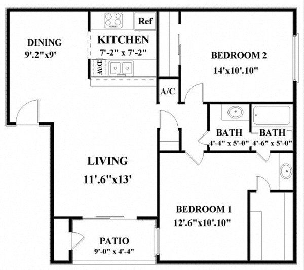 Floor plan for 2 beds, 1 bath, 948 sqft