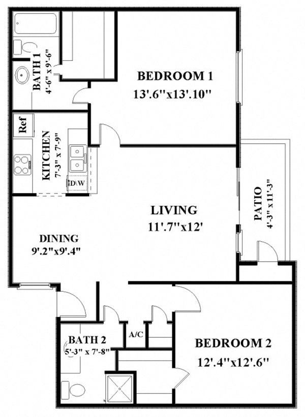 Floor plan for 2 beds, 2 baths, 1079 sqft