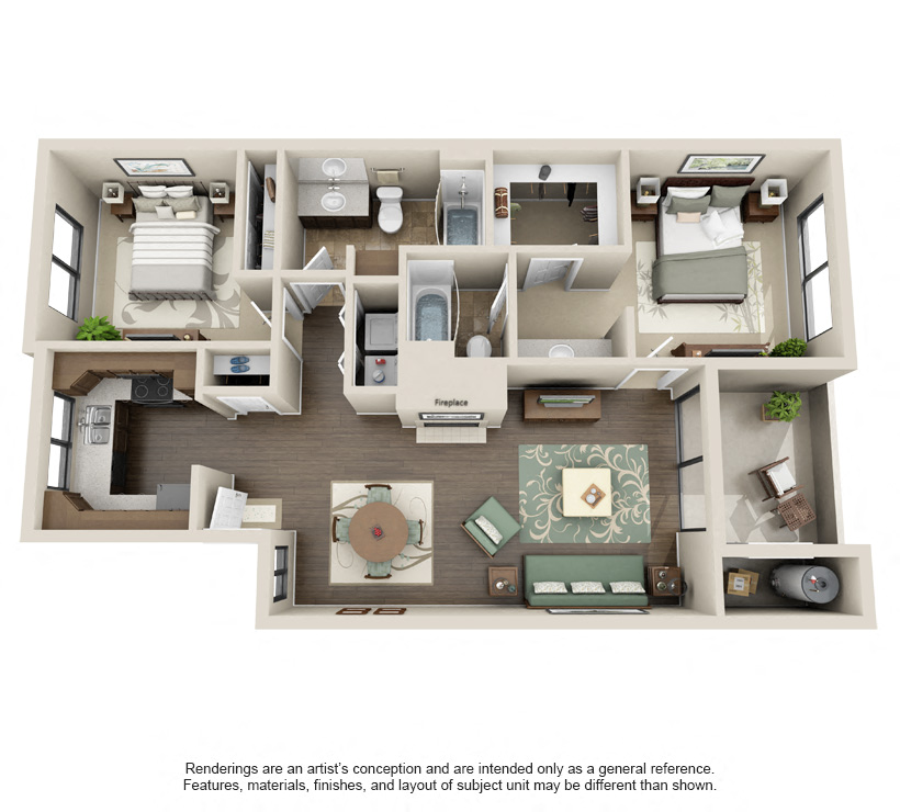 Floor plan for 2 beds, 2 baths, 1003 sqft