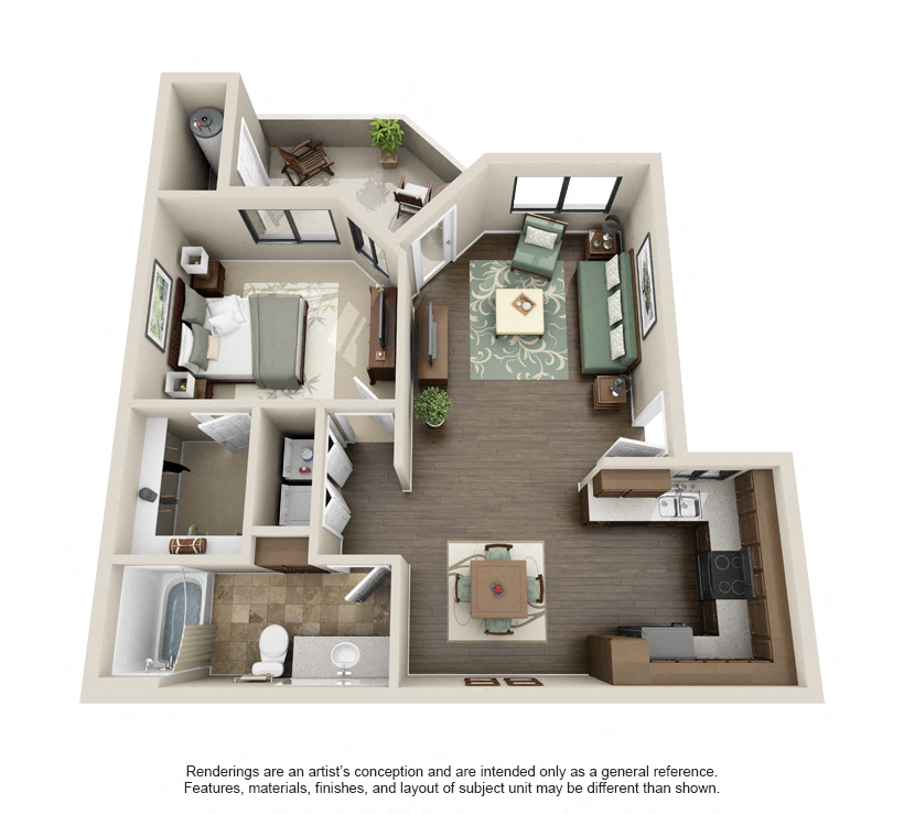 Floor plan for 1 bed, 1 bath, 732 sqft