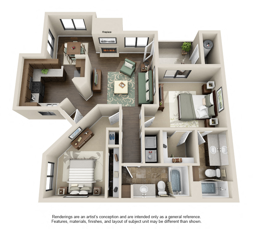 Floor plan for 2 beds, 2 baths, 996 sqft