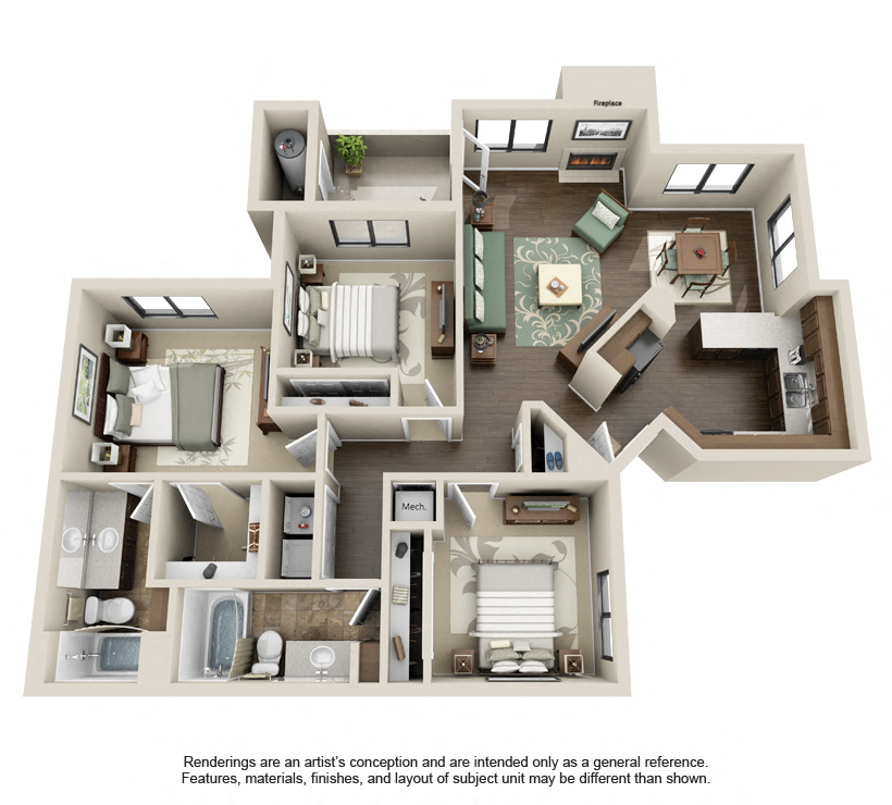 Floor plan for 3 beds, 2 baths, 1204 sqft