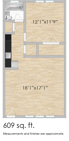 Floor plan for 1 bed, 1 bath, 609 sqft