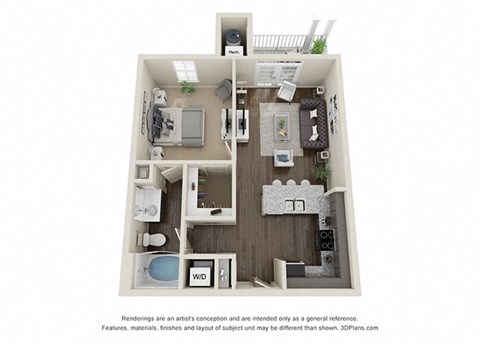Floor plan for 1 bed, 1 bath, 645 sqft