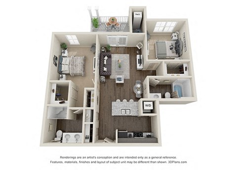 Floor plan for 2 beds, 2 baths, 963 sqft