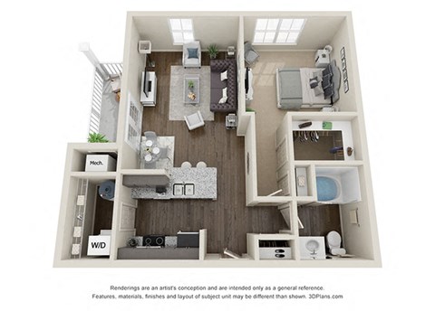 Floor plan for 1 bed, 1 bath, 714 sqft