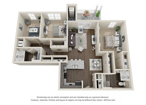 Floor plan for 2 beds, 2 baths, 1186 sqft