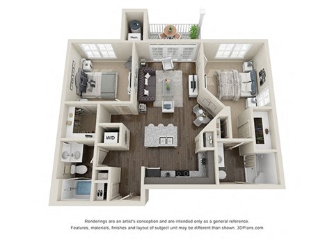 Floor plan for 2 beds, 2 baths, 892 sqft