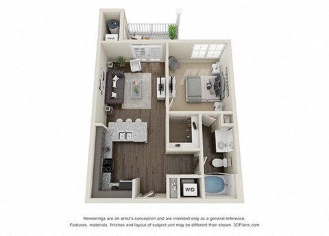 Floor plan for 1 bed, 1 bath, 631 sqft