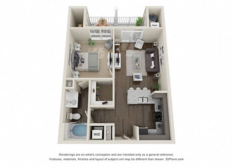 Floor plan for 1 bed, 1 bath, 645 sqft