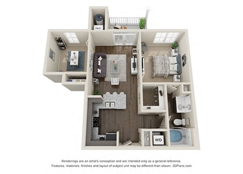 Floor plan for 2 beds, 1 bath, 750 sqft
