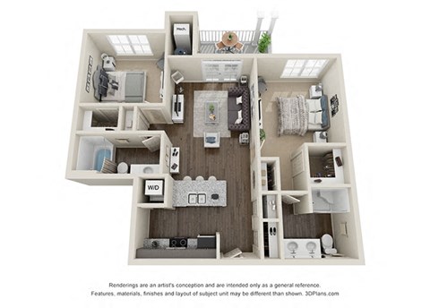 Floor plan for 2 beds, 2 baths, 923 sqft