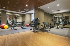 New York apartment for rent - a gym with weights and balls on a wooden floor