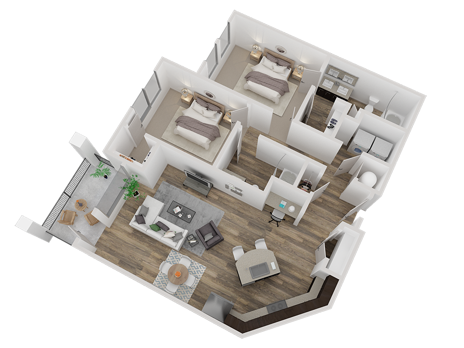 Floor plan for 2 beds, 2 baths, 1102 sqft