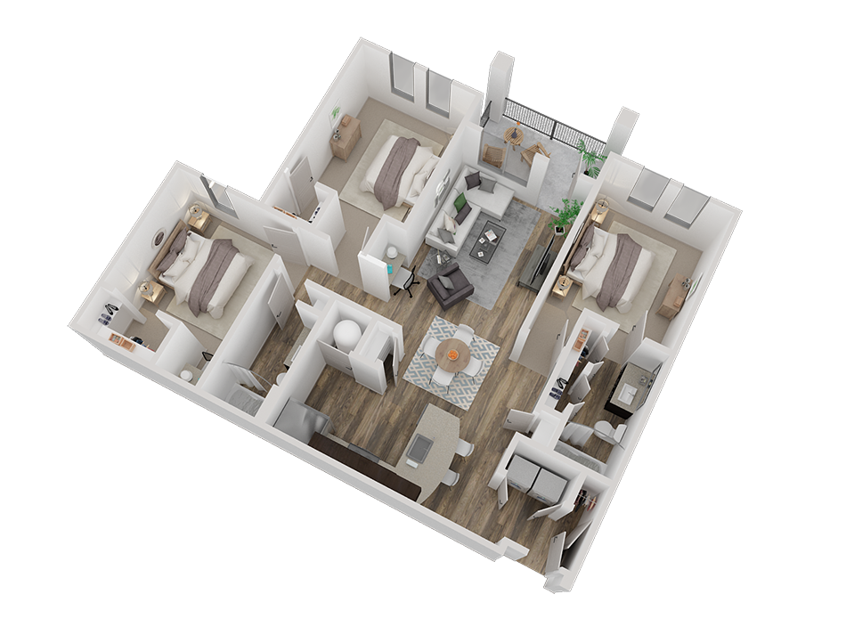 Floor plan for 3 beds, 2 baths, 1304 sqft