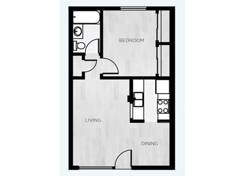 Floor plan for 1 bed, 1 bath, 600 sqft