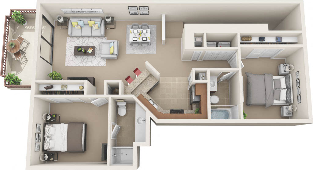 Floor plan for 2 beds, 2 baths, 1061 sqft