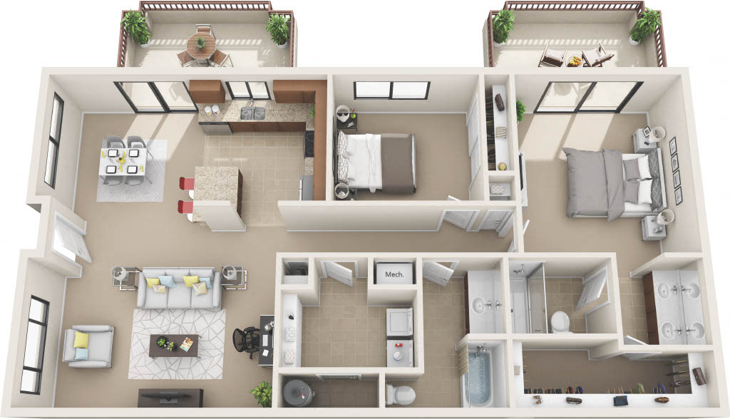 Floor plan for 2 beds, 2 baths, 1140 sqft