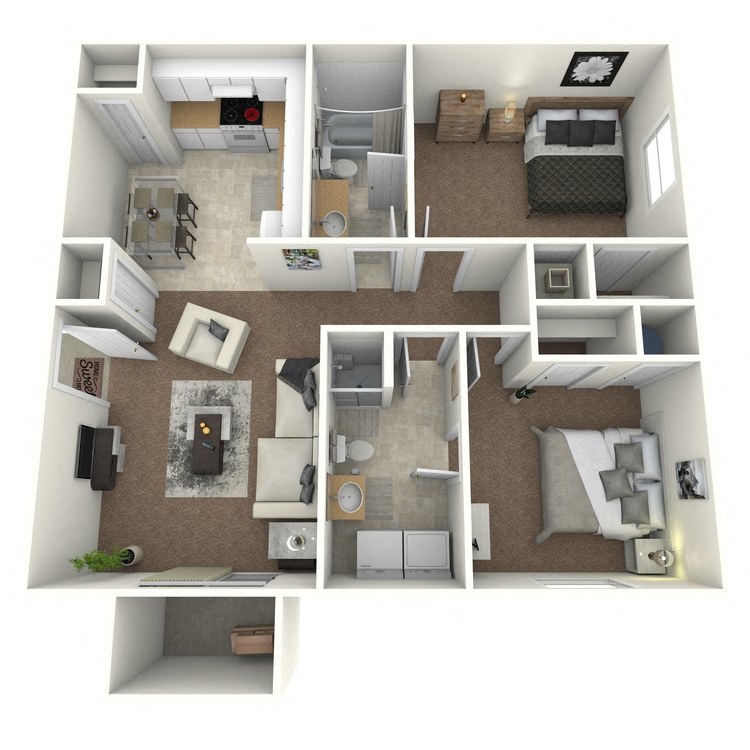 Floor plan for 2 beds, 2 baths, 750 sqft