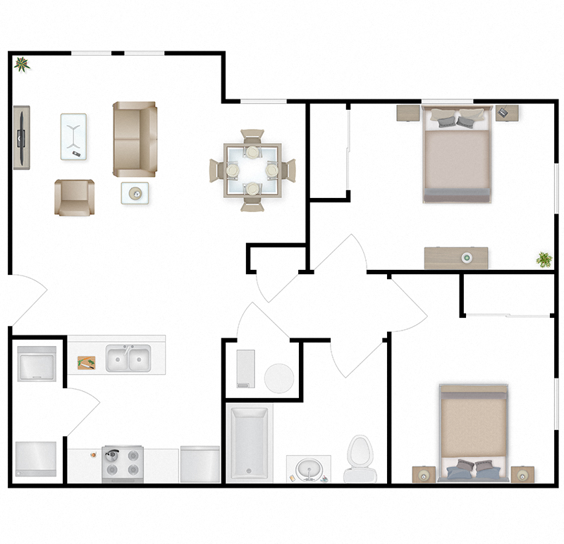 Floor plan for 2 beds, 1 bath, 800 sqft