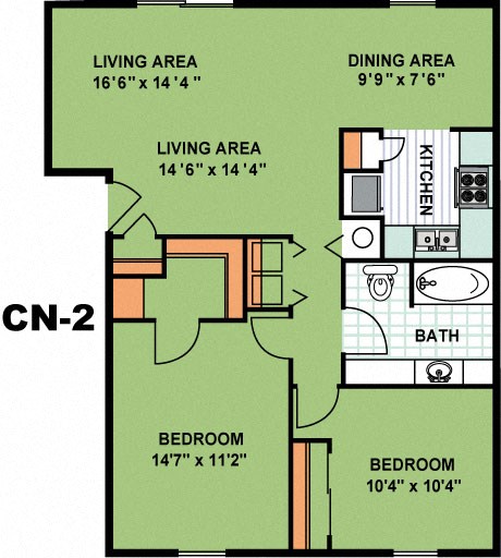 Floor plan for 2 beds, 1 bath, 870 sqft