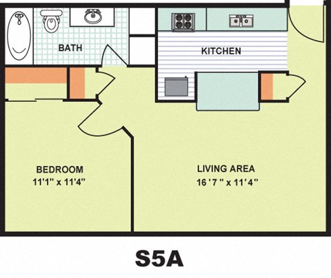 Floor plan for 1 bed, 1 bath, 578 sqft