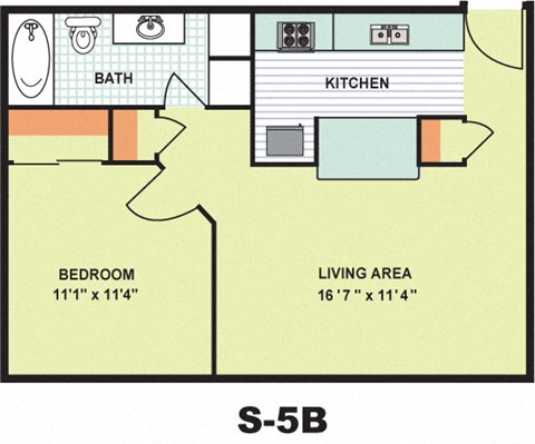Floor plan for 1 bed, 1 bath, 578 sqft