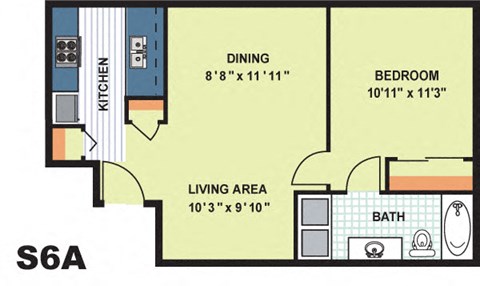 Floor plan for 1 bed, 1 bath, 583 sqft