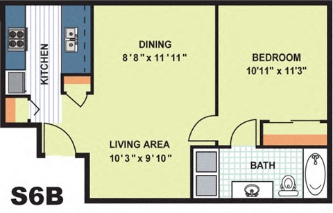 Floor plan for 1 bed, 1 bath, 590 sqft